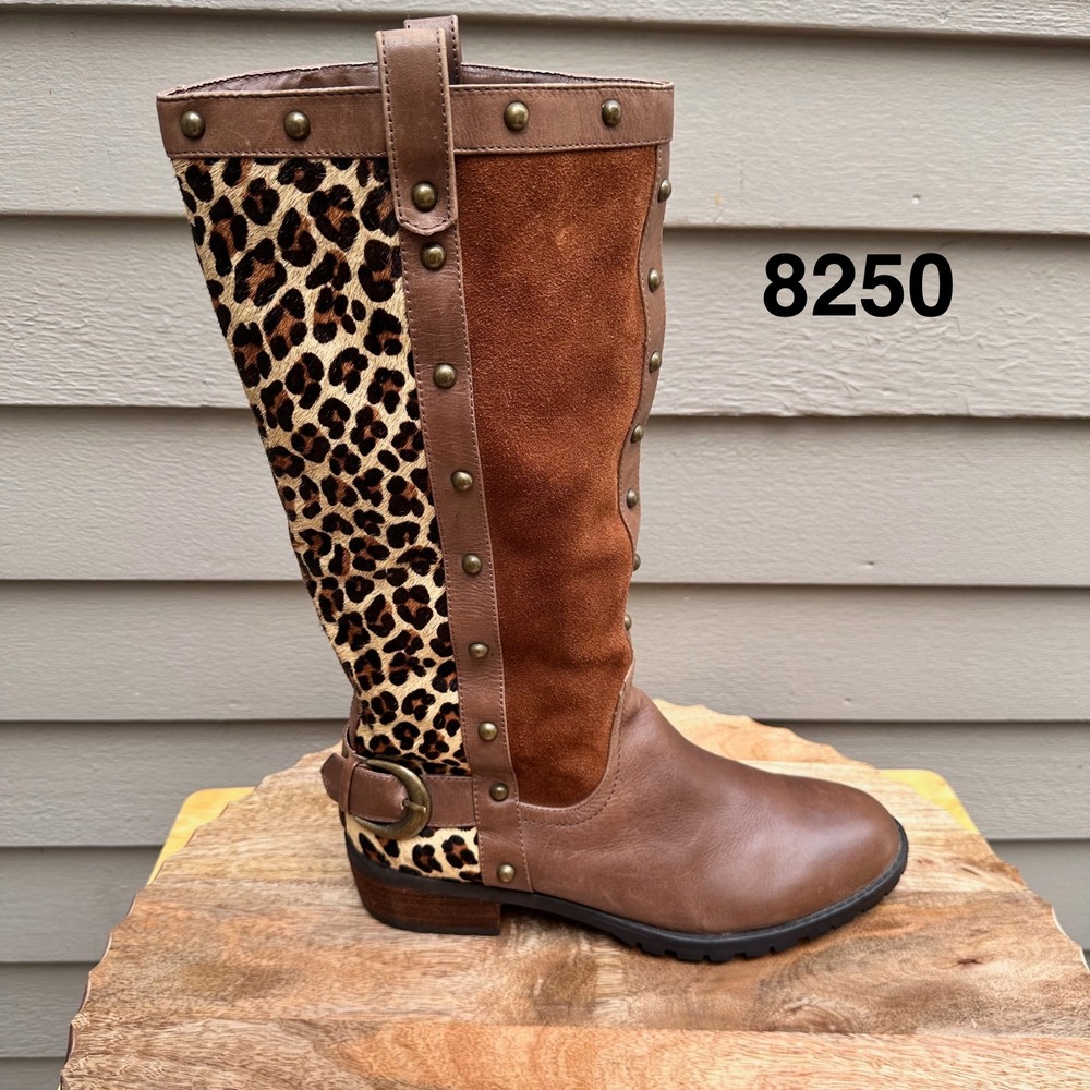 Steve Madden Denmar Brown Leather Leopard Calf Hair Suede Riding Boots Size 9